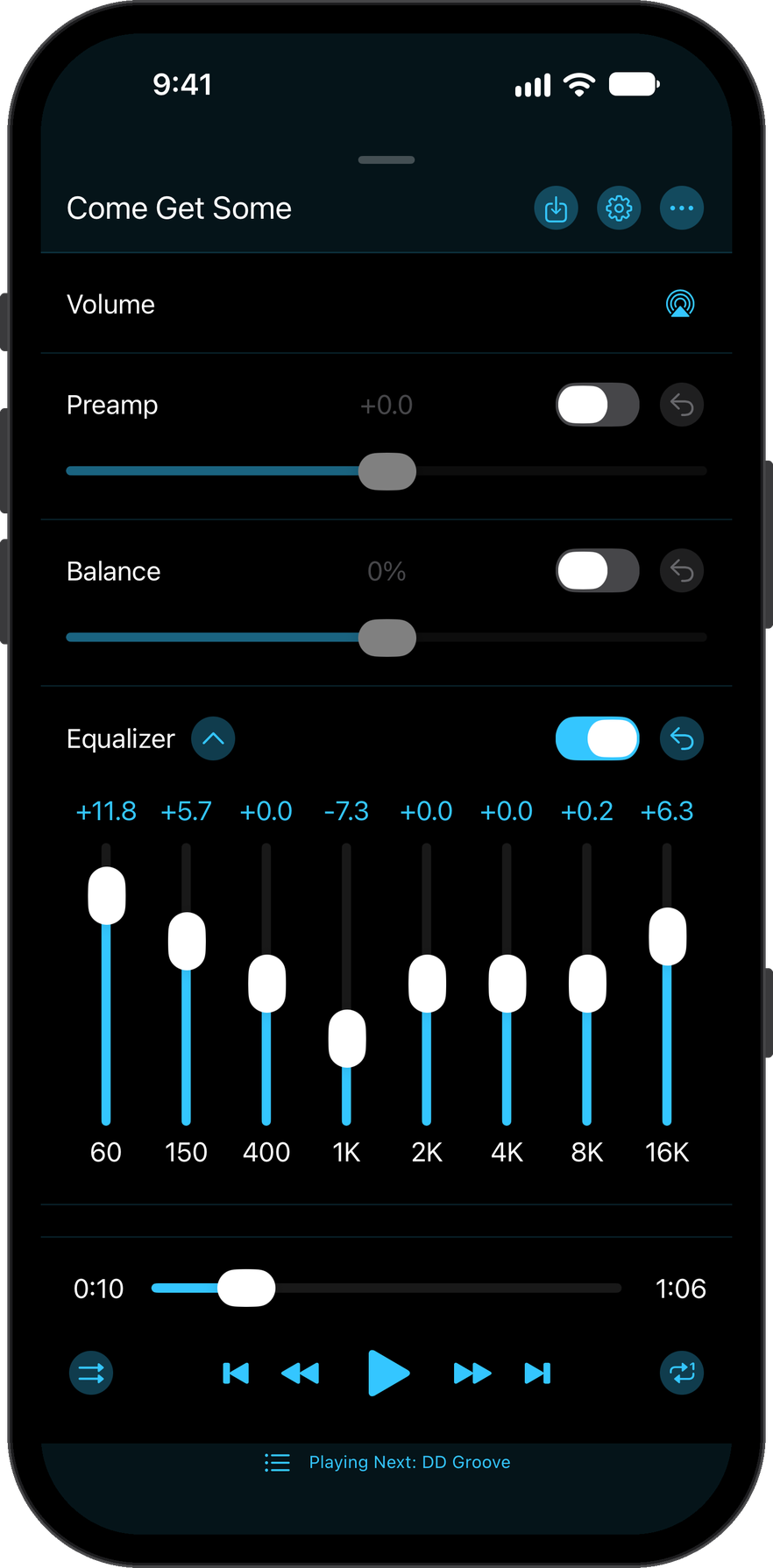 Editor with device volume, preamp, balance, and the equalizer