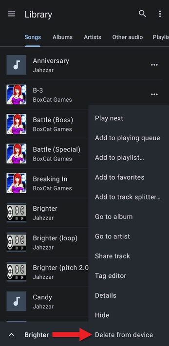 Song menu with an arrow pointing at Delete from device
