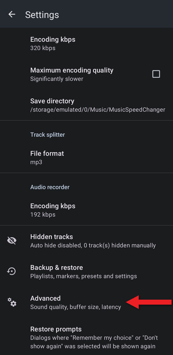 Settings with an arrow pointing at Advanced