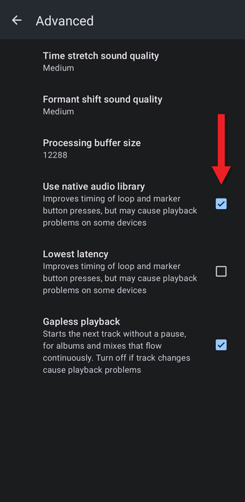 Advanced settings with an arrow pointing at Use native audio library