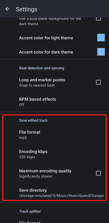Settings with the Save edited track section outlined