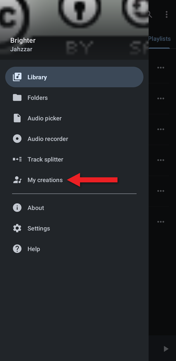 App menu with an arrow pointing at My creations