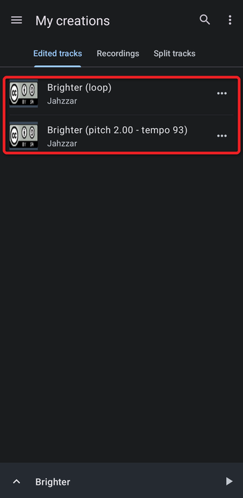 Edited tracks tab listing saved tracks