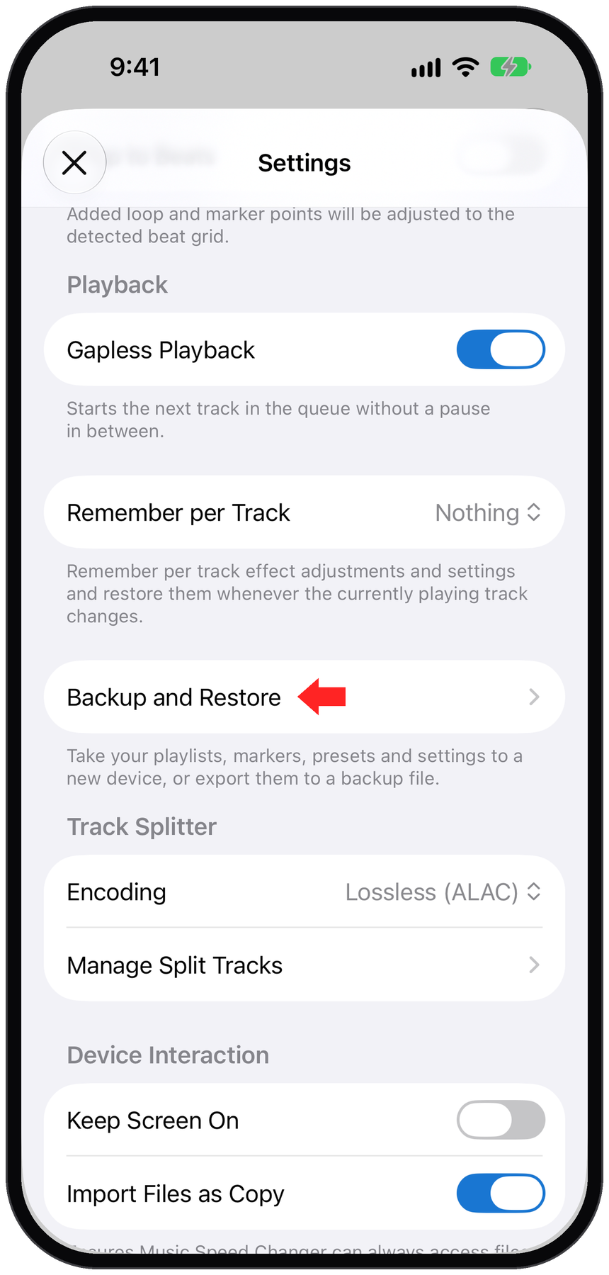 Settings with the Backup and Restore row
