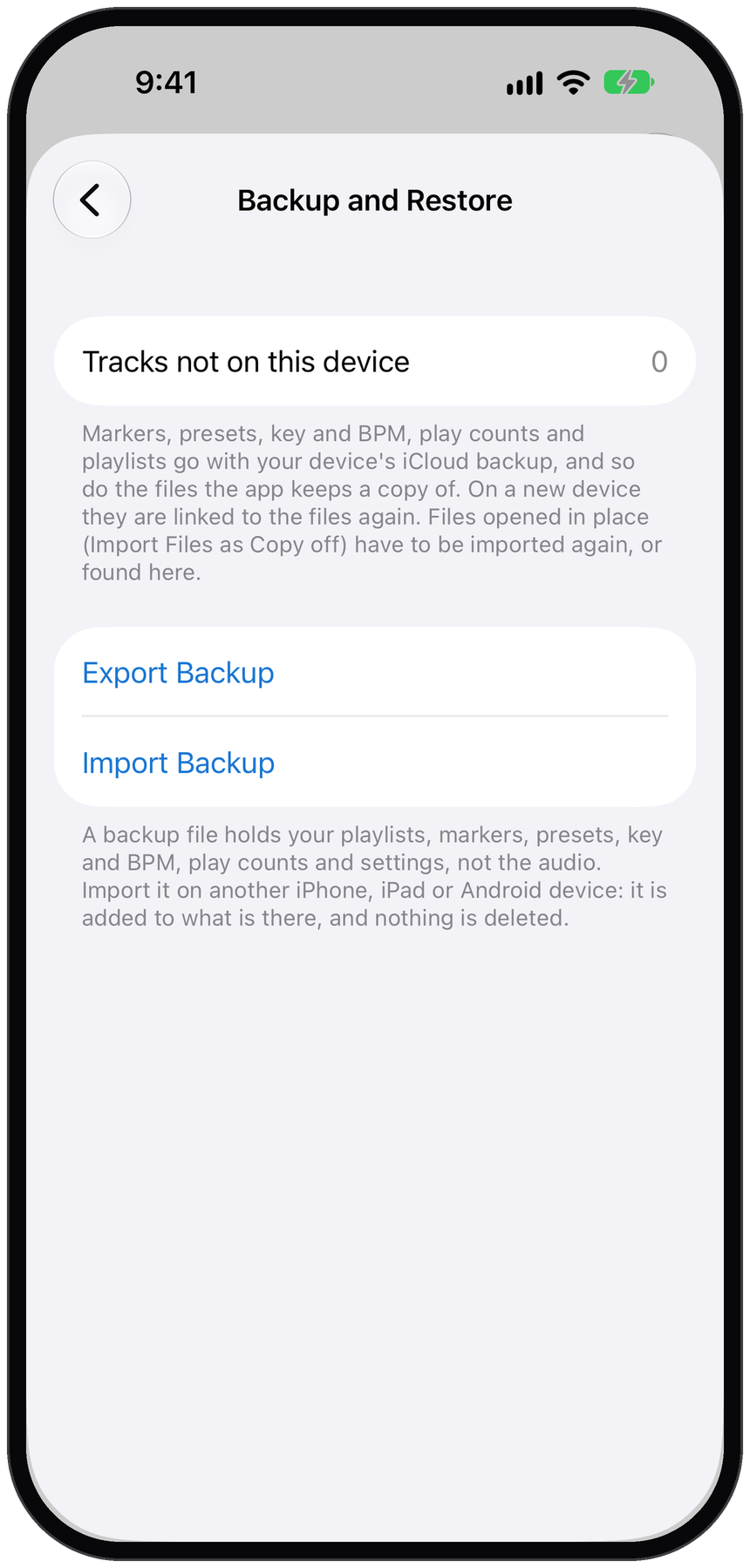 Backup and Restore screen
