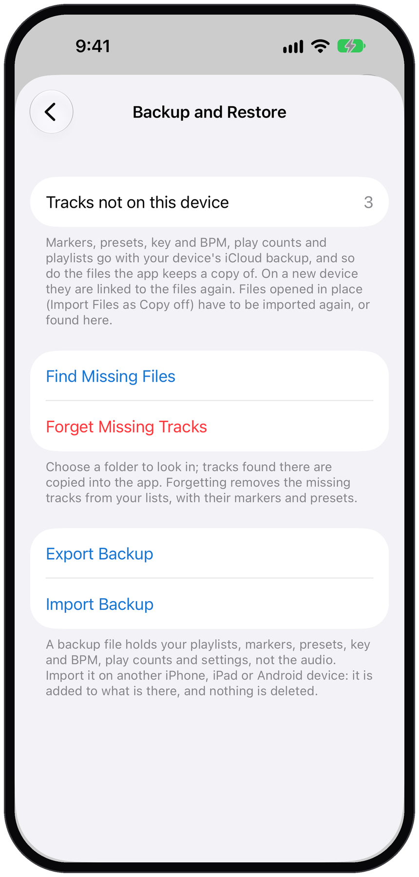 Backup and Restore screen with Find Missing Files and Forget Missing Tracks