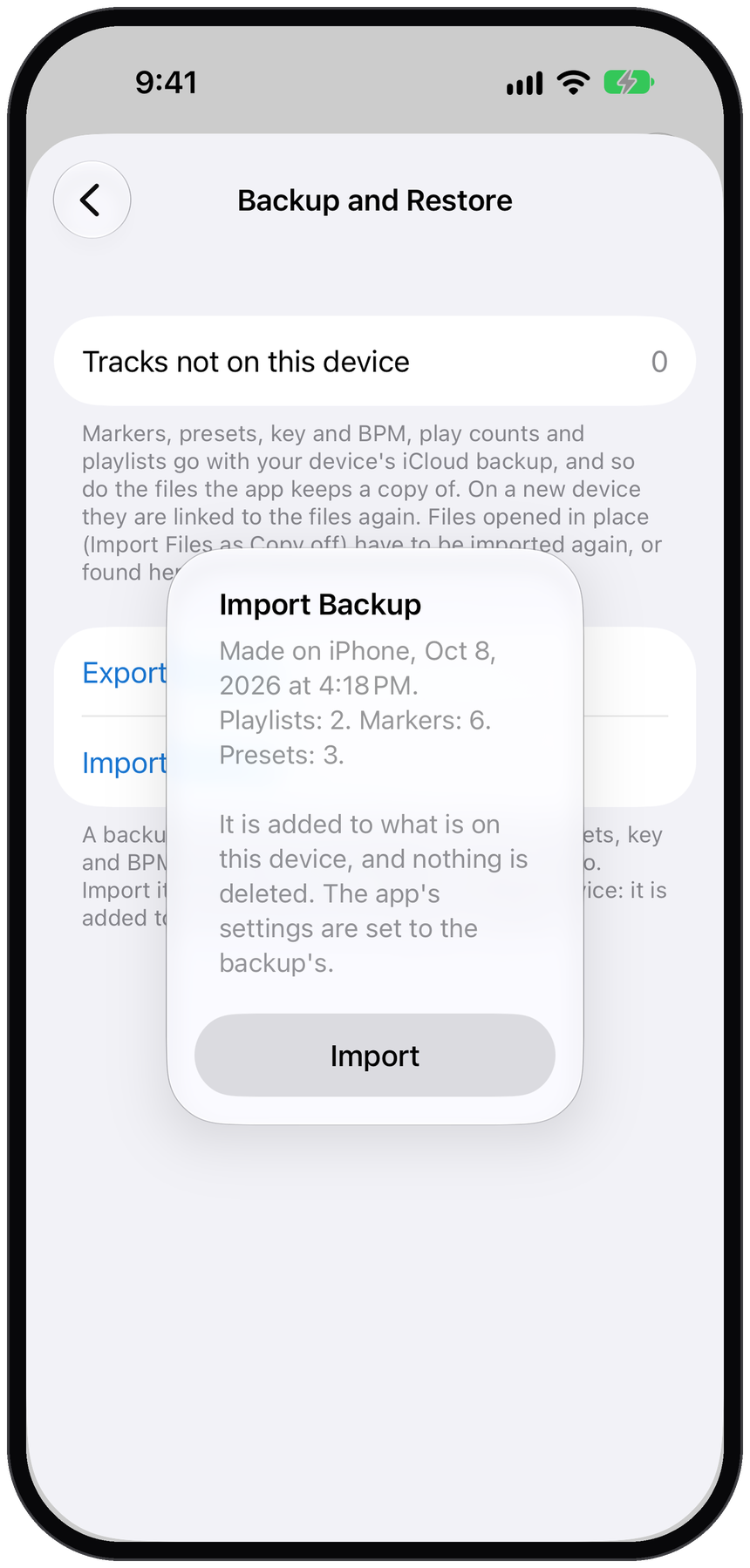 Import Backup question showing what the backup contains