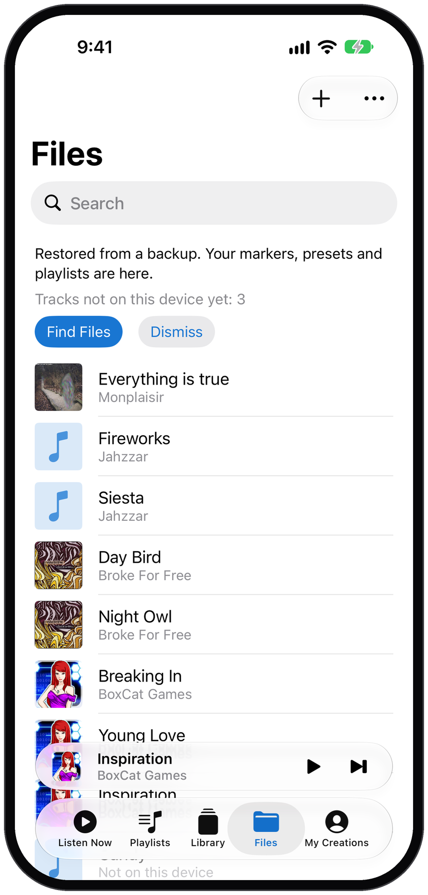 Files section with the Restored from a backup message and the Find Files button