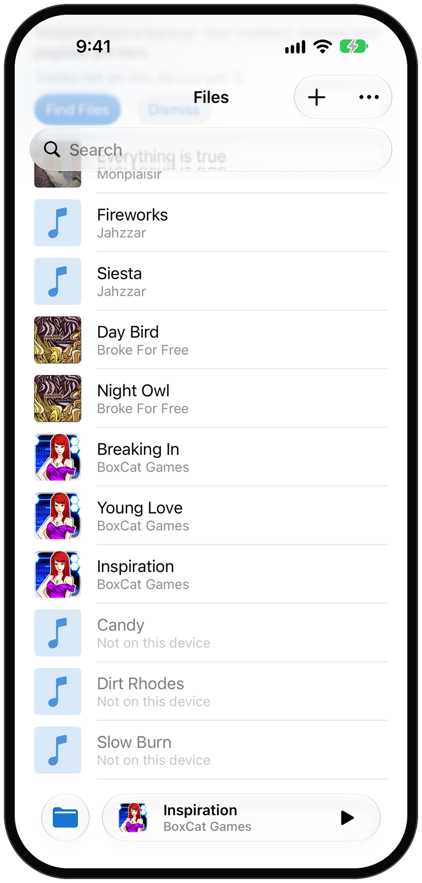 Files list with three tracks marked Not on this device