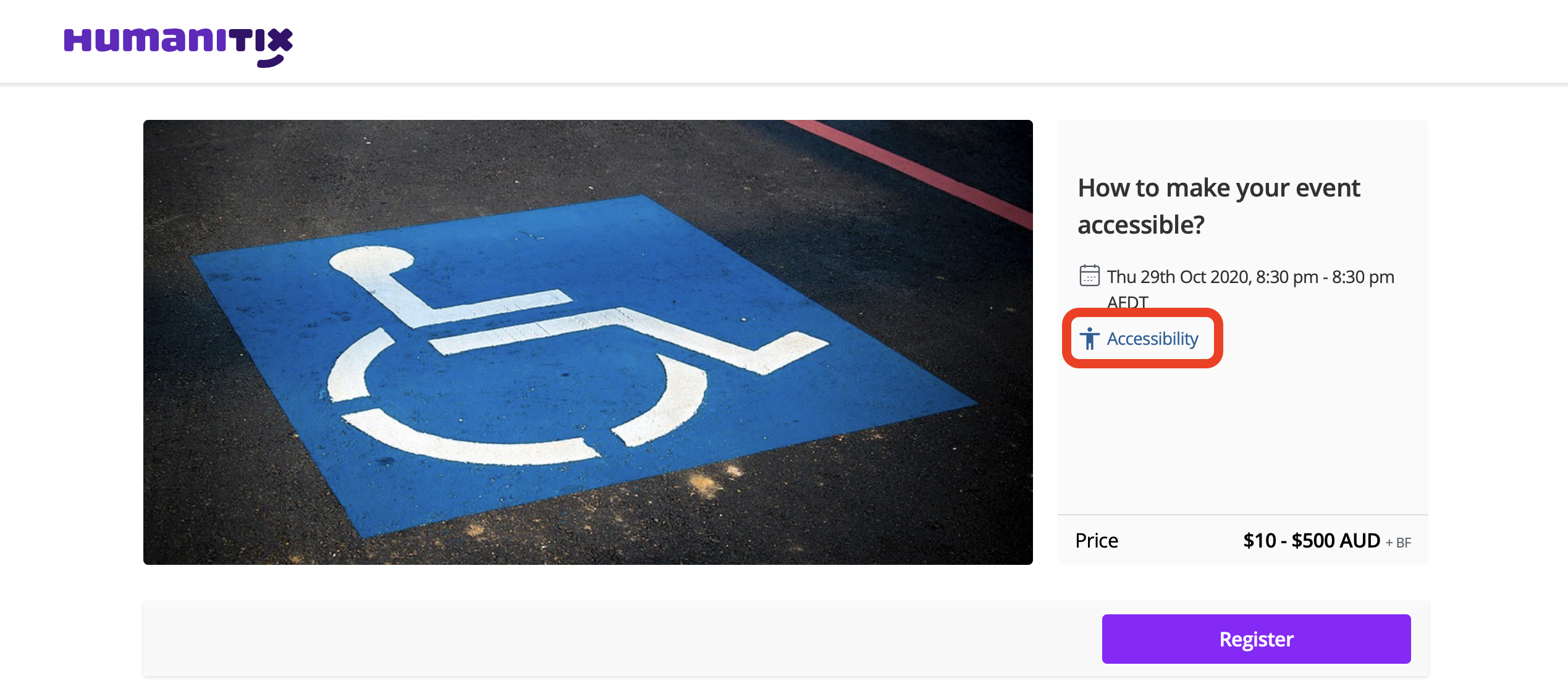 Event listing page with accessibility button