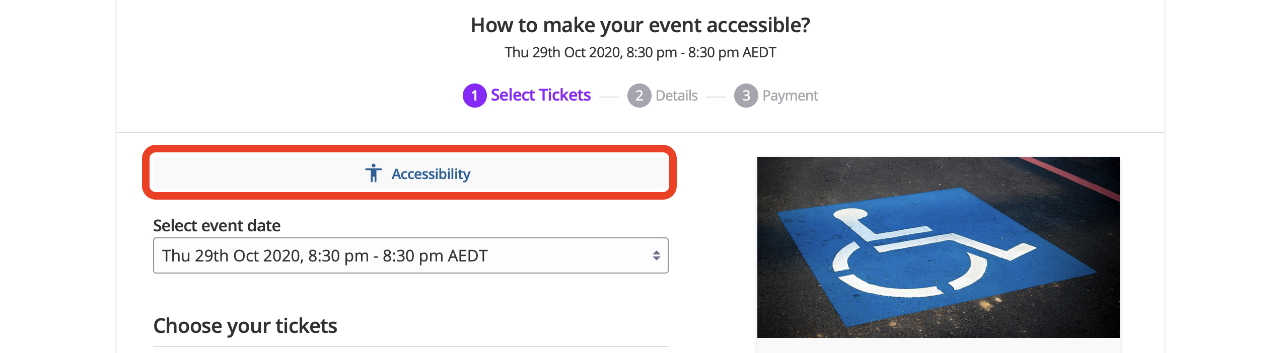 Ticketing checkout page with accessibility button