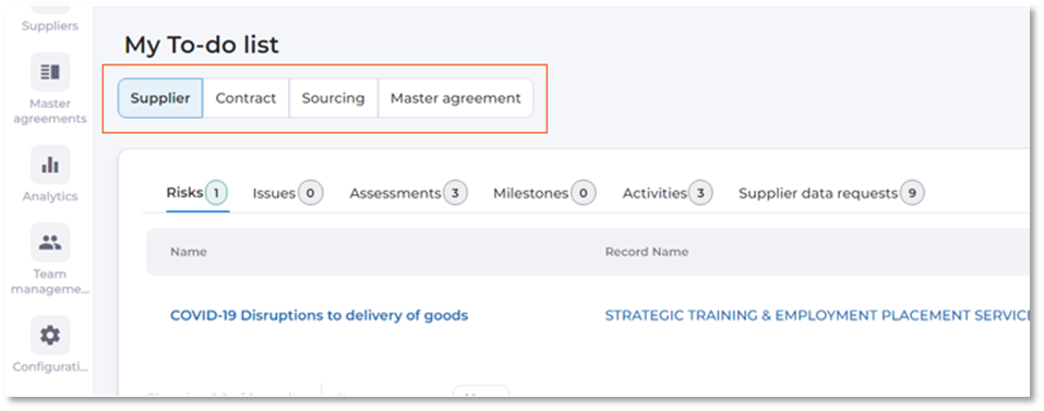 image of action centre tab categories per module