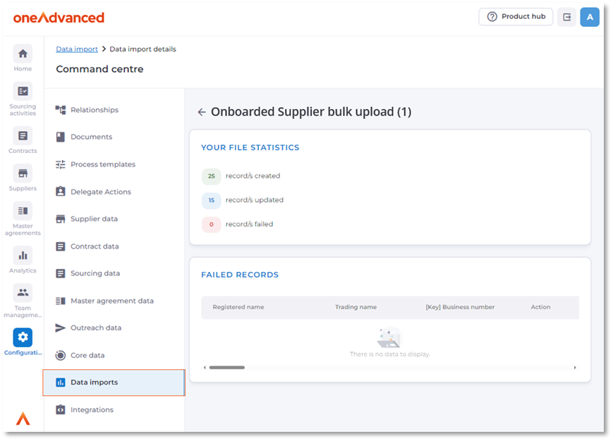 example of data import screen in command centre