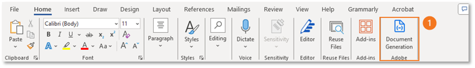MS word toolbar with doc gen add-in