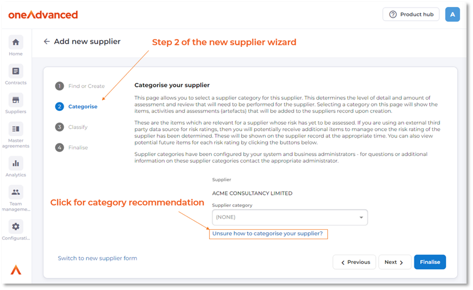 step two of the new supplier wizard with unsure of category link