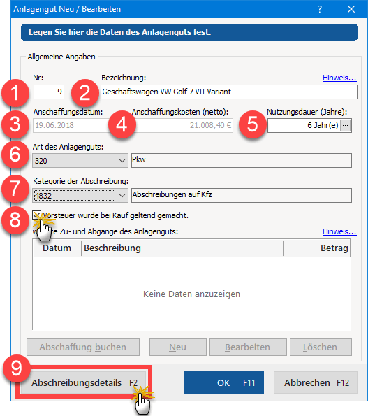Anlagengut neu anlegen und bearbeiten in MeinBüro