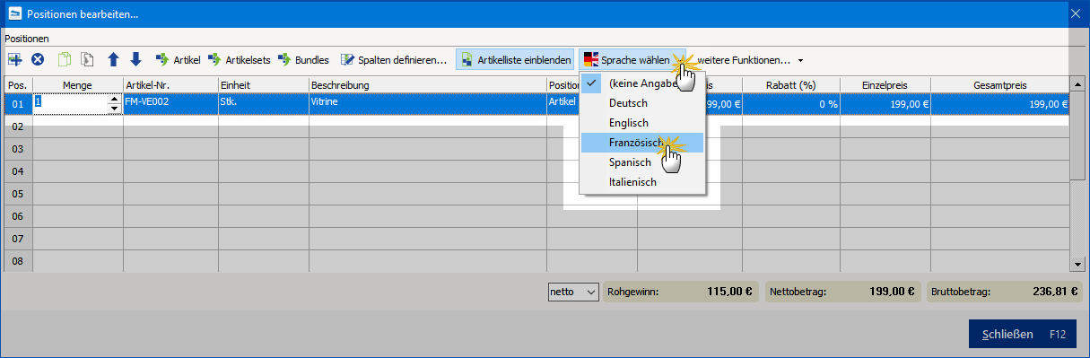 Auswahl der Sprachversion im Vorgang