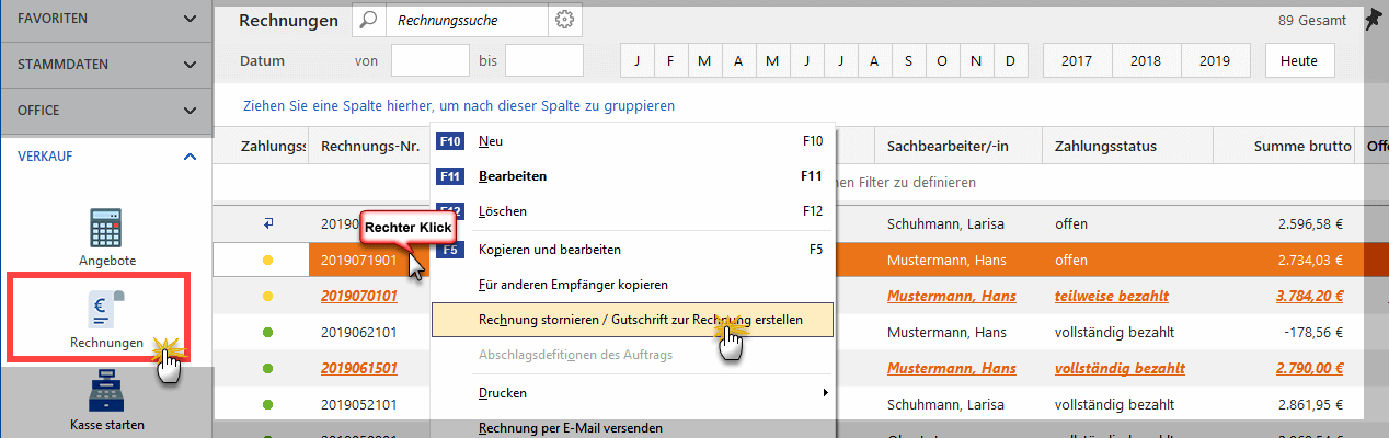 Menüpunkt „Rechnung stornieren / Gutschrift zur Rechnung erstellen“