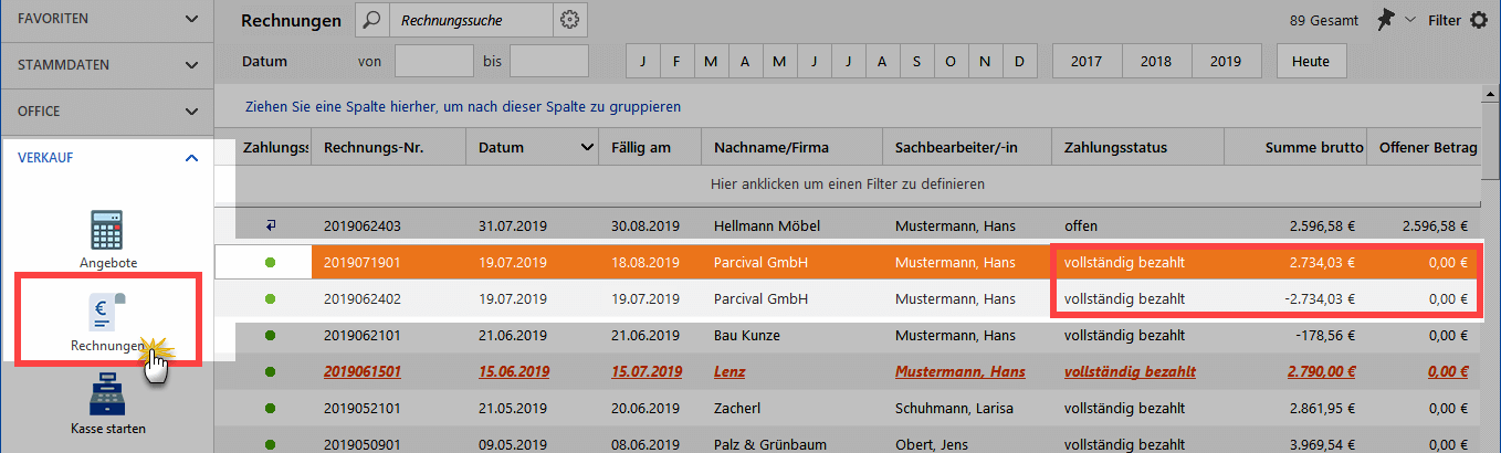 Übersicht Rechnungsliste