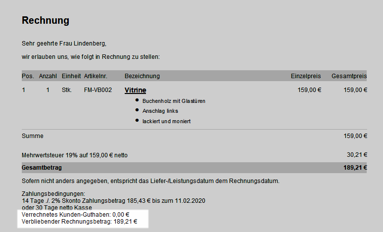 Rechnung ohne Kundenguthaben