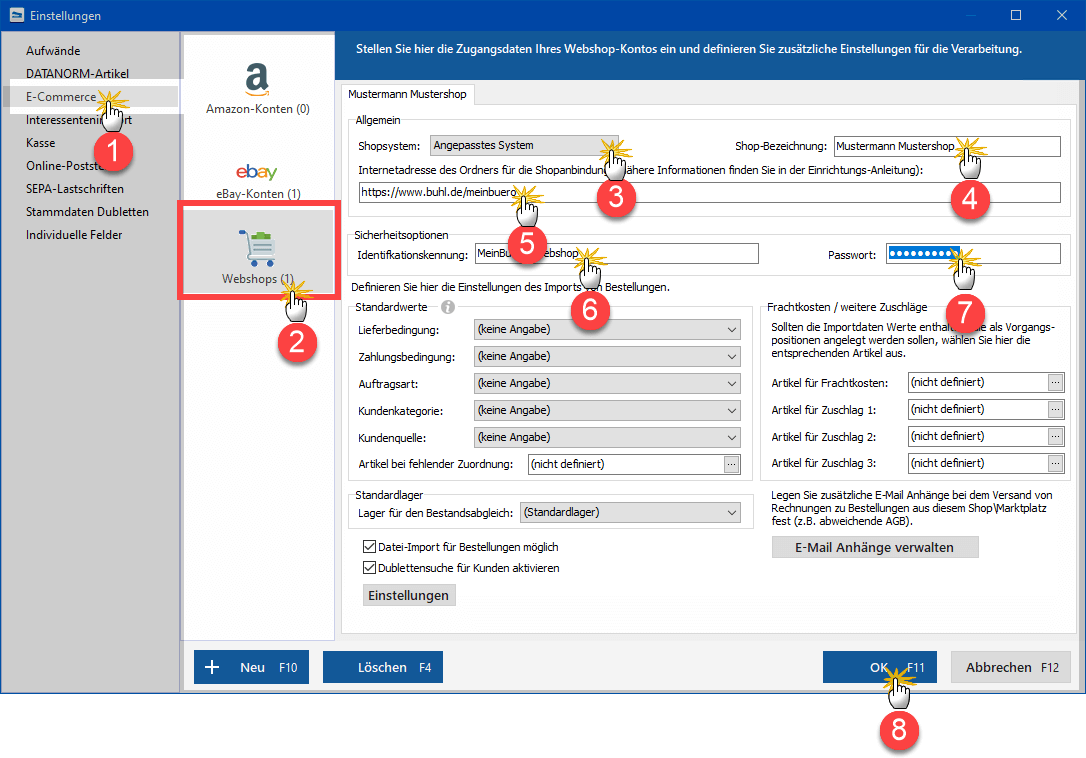 E-Commerce-Einstellungen in MeinBüro