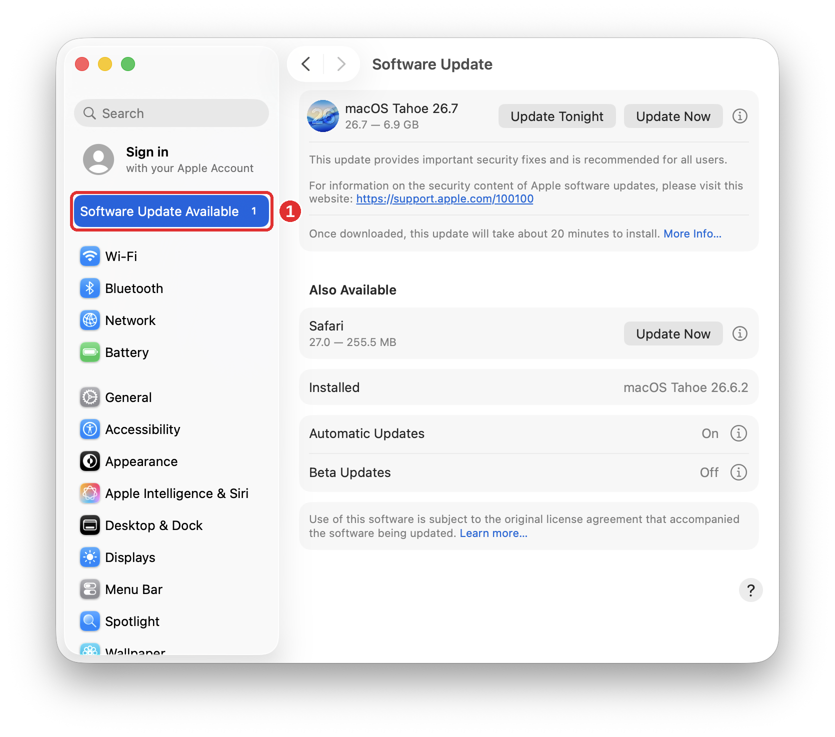 System Settings sidebar with Software Update Available marked 1.