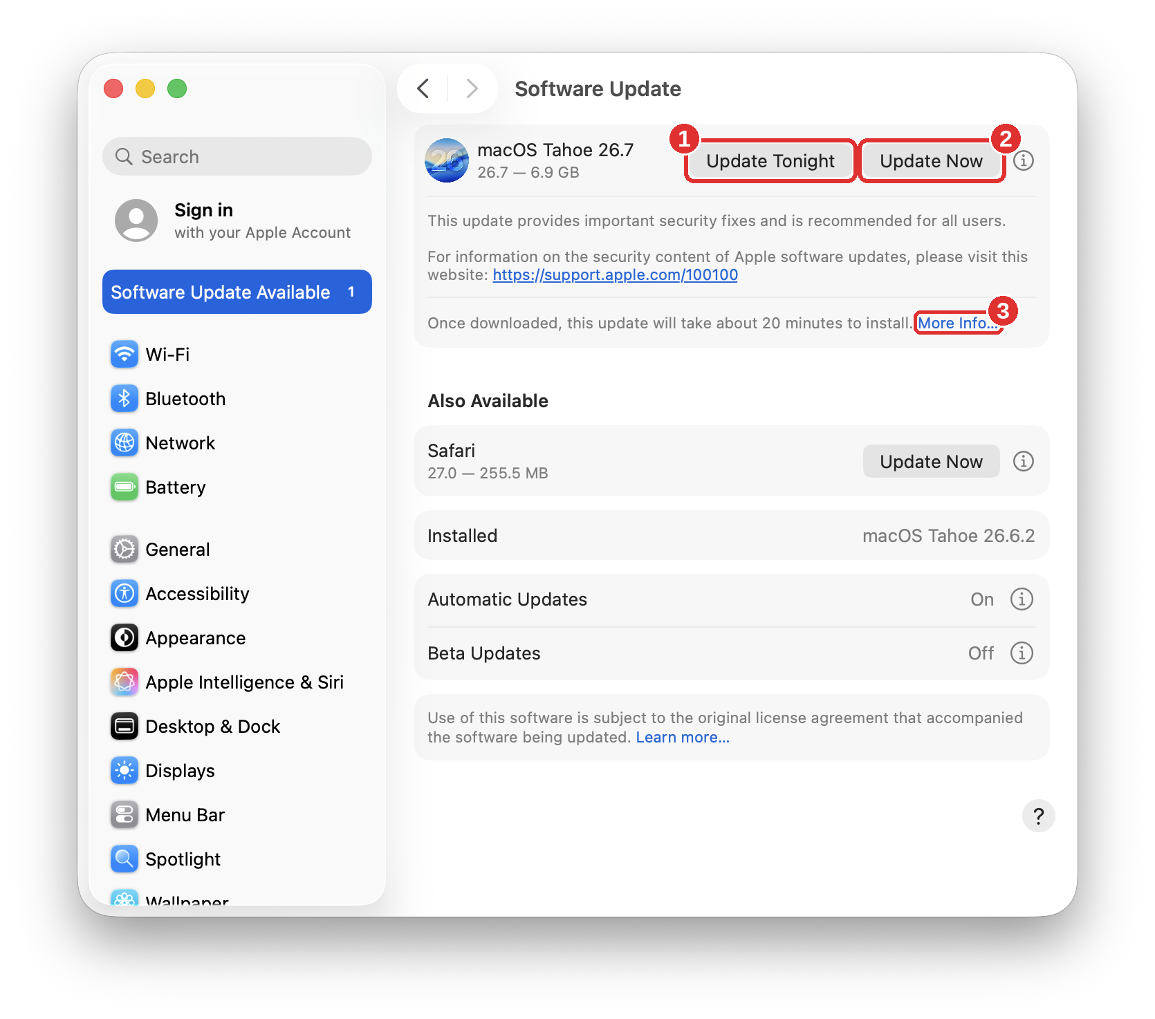 Software Update page with Update Tonight marked 1, Update Now marked 2, and More Info marked 3.