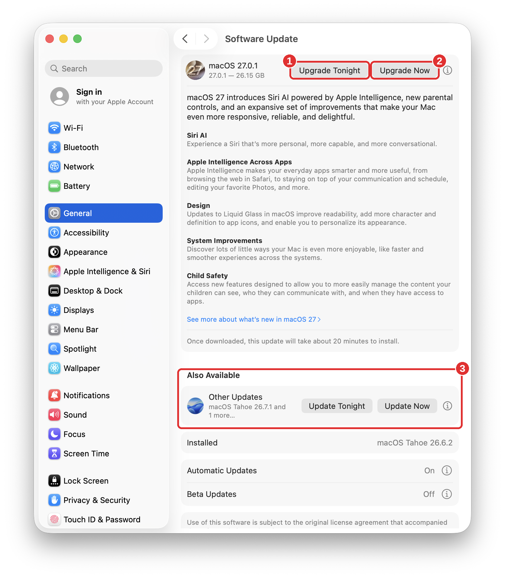 Software Update with a macOS upgrade available. Upgrade Tonight marked 1, Upgrade Now marked 2, and Also Available marked 3.