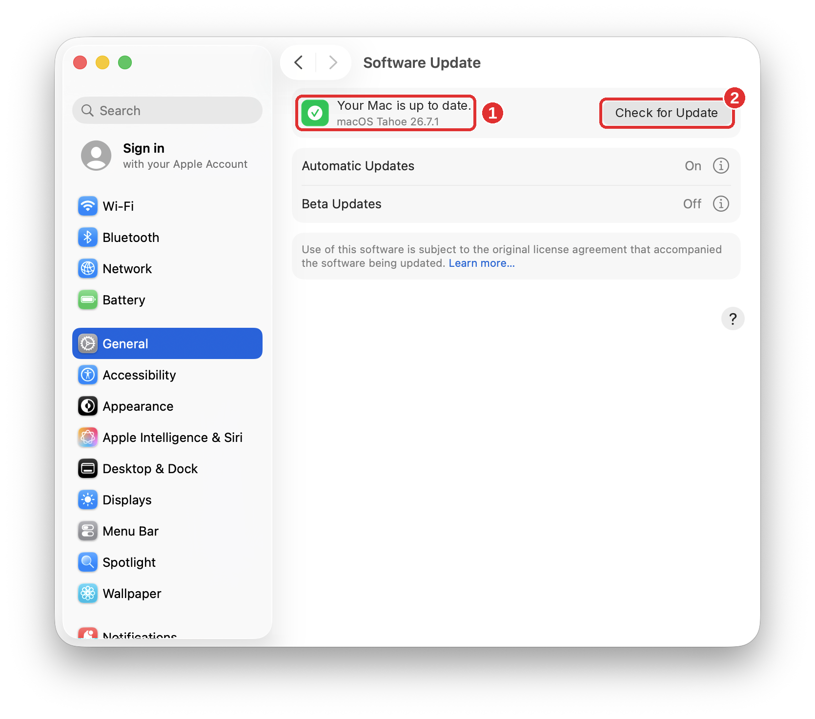 Software Update showing Your Mac is up to date marked 1 and the Check for Update button marked 2.