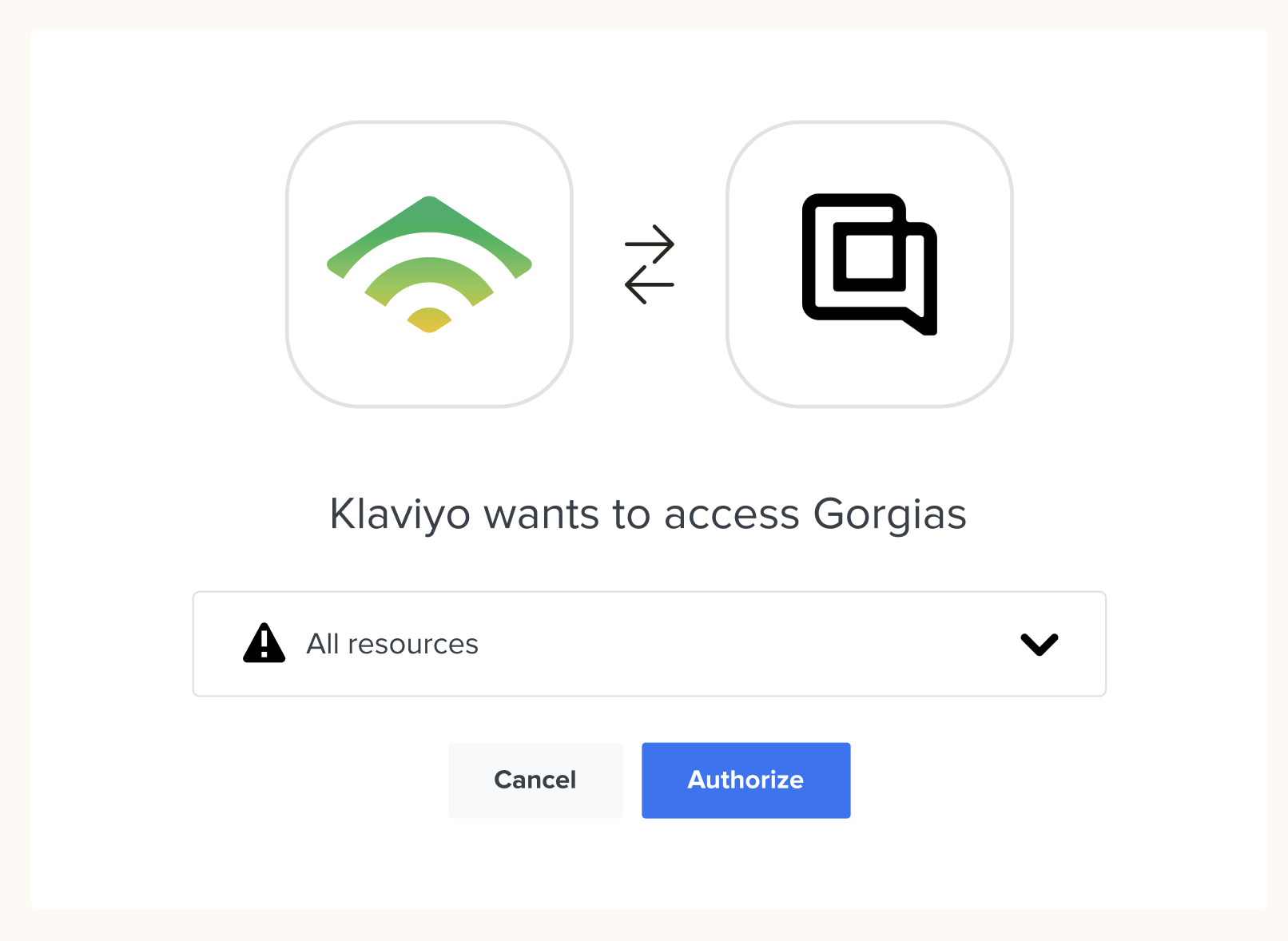 Dropdown to choose Gorgias resources to sync back to Klaviyo, with All resources selected, and button to authorize sync at the bottom of the page