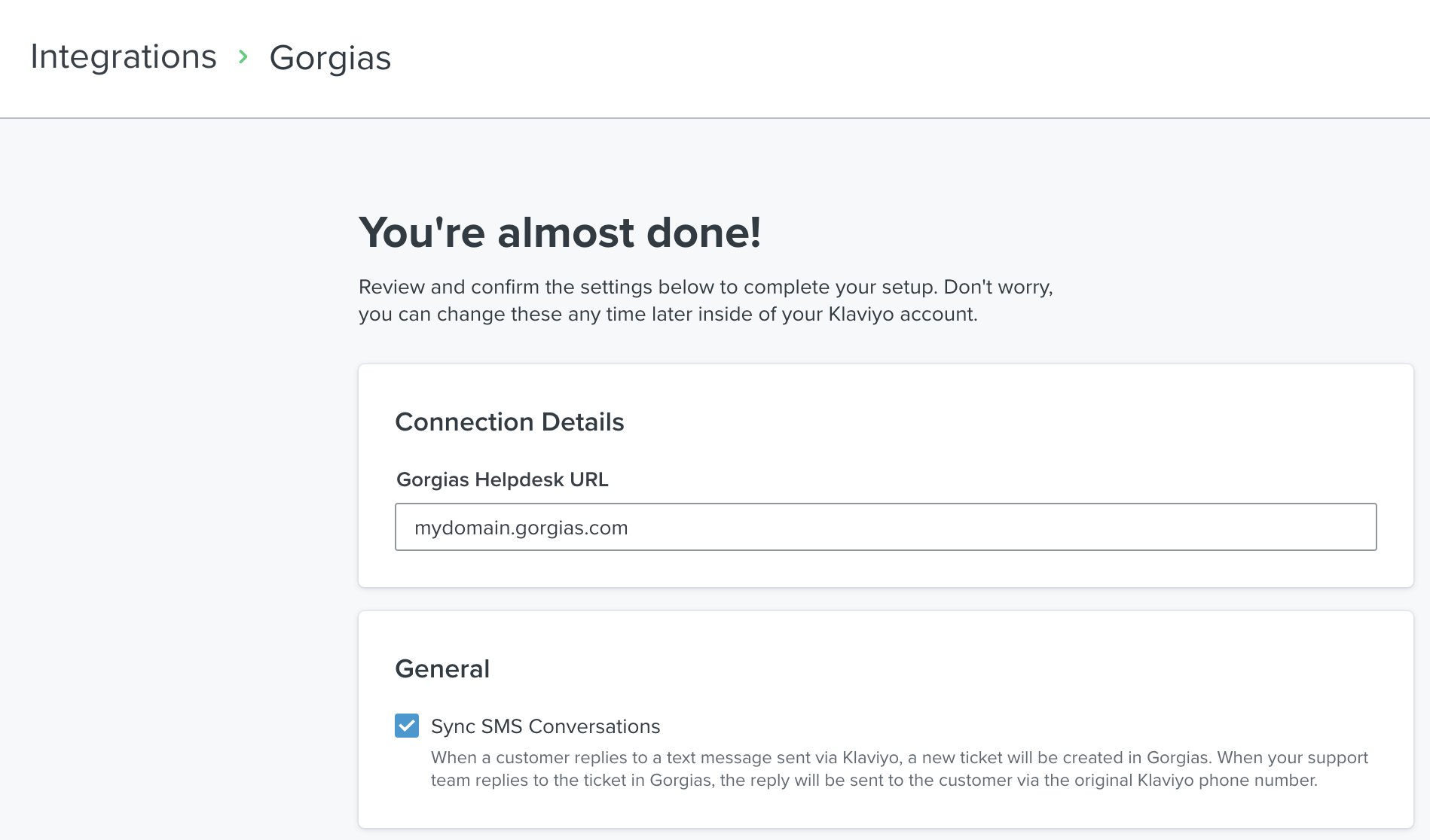 Screen to enter Gorgias helpdesk URL, with Sync SMS Conversations option toggled under URL
