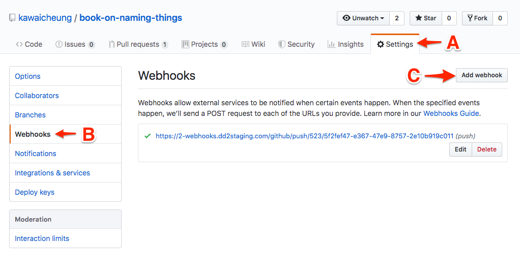 Github image showing how to add a new webhook