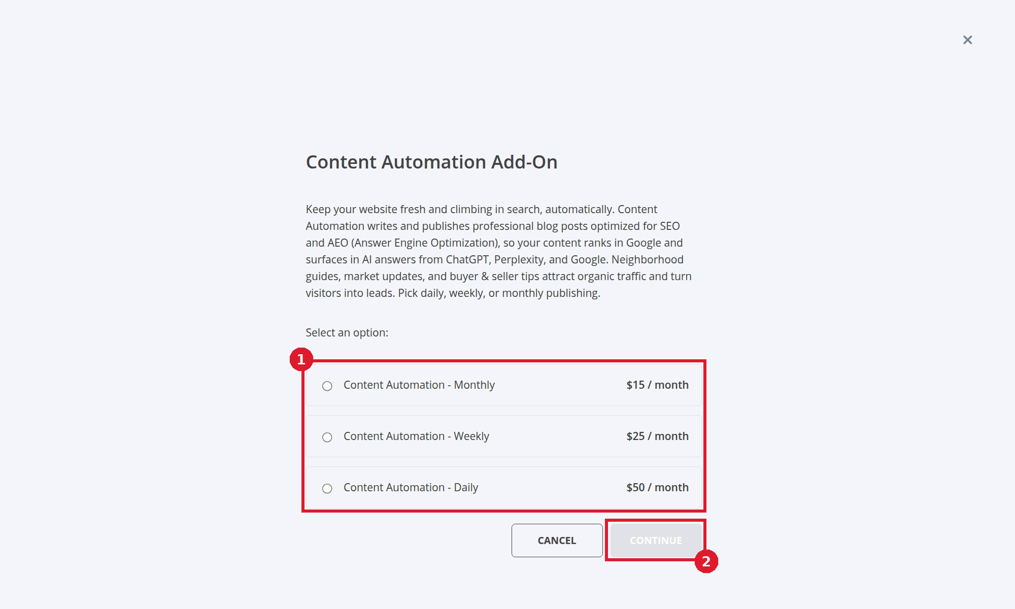 Content Automation plan options