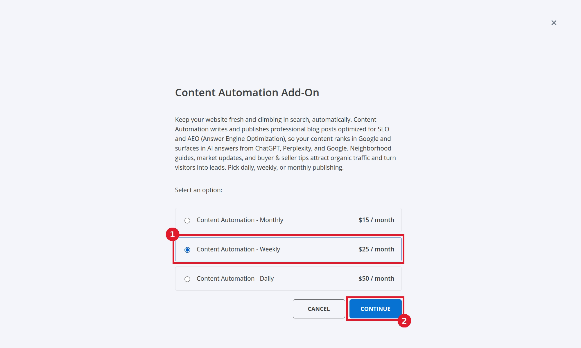 A weekly Content Automation plan selected