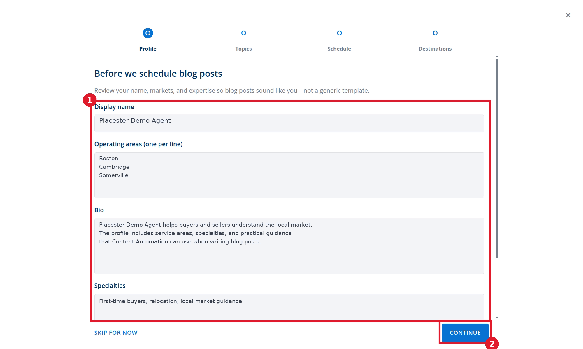 Business Profile details in Content Automation setup