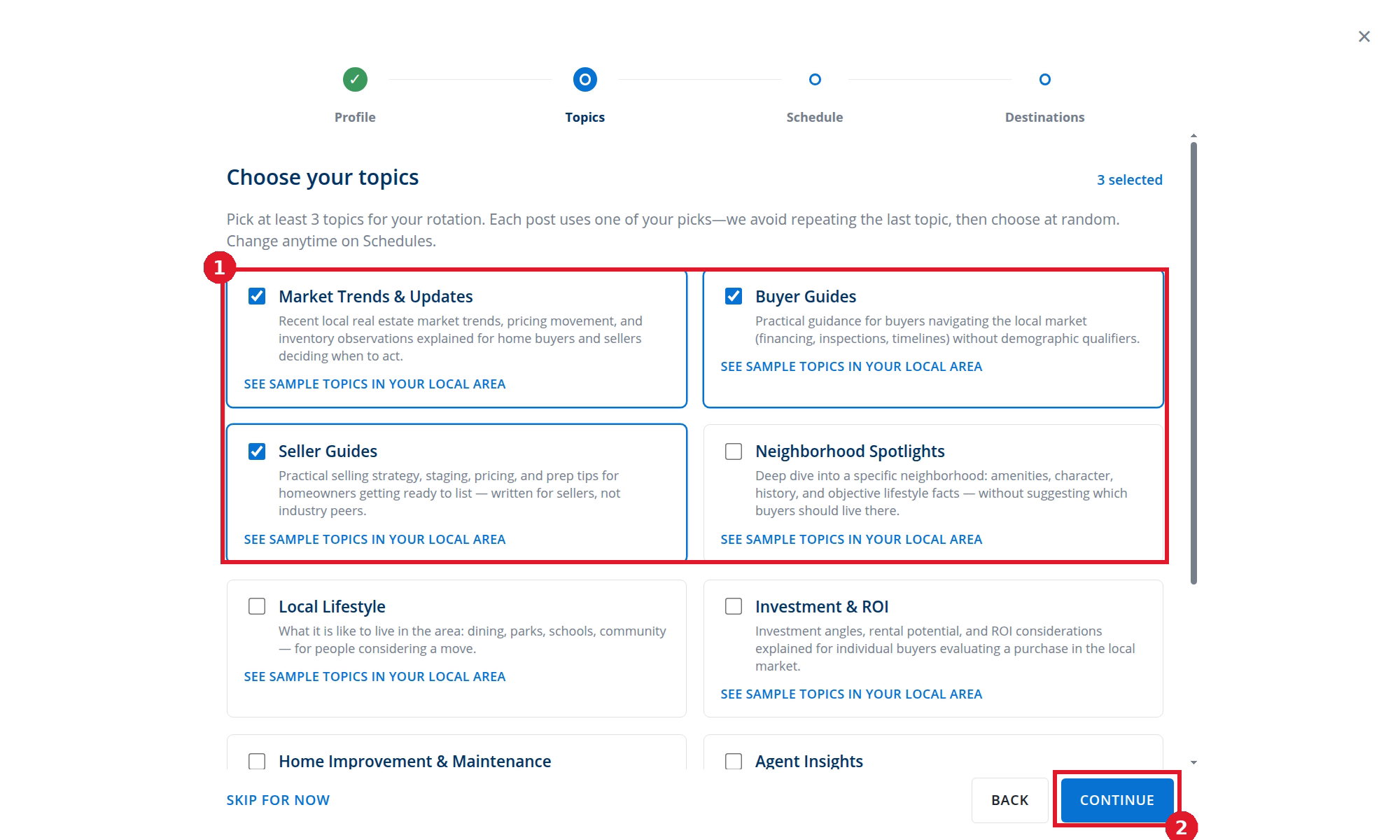 Three topics selected in Content Automation setup