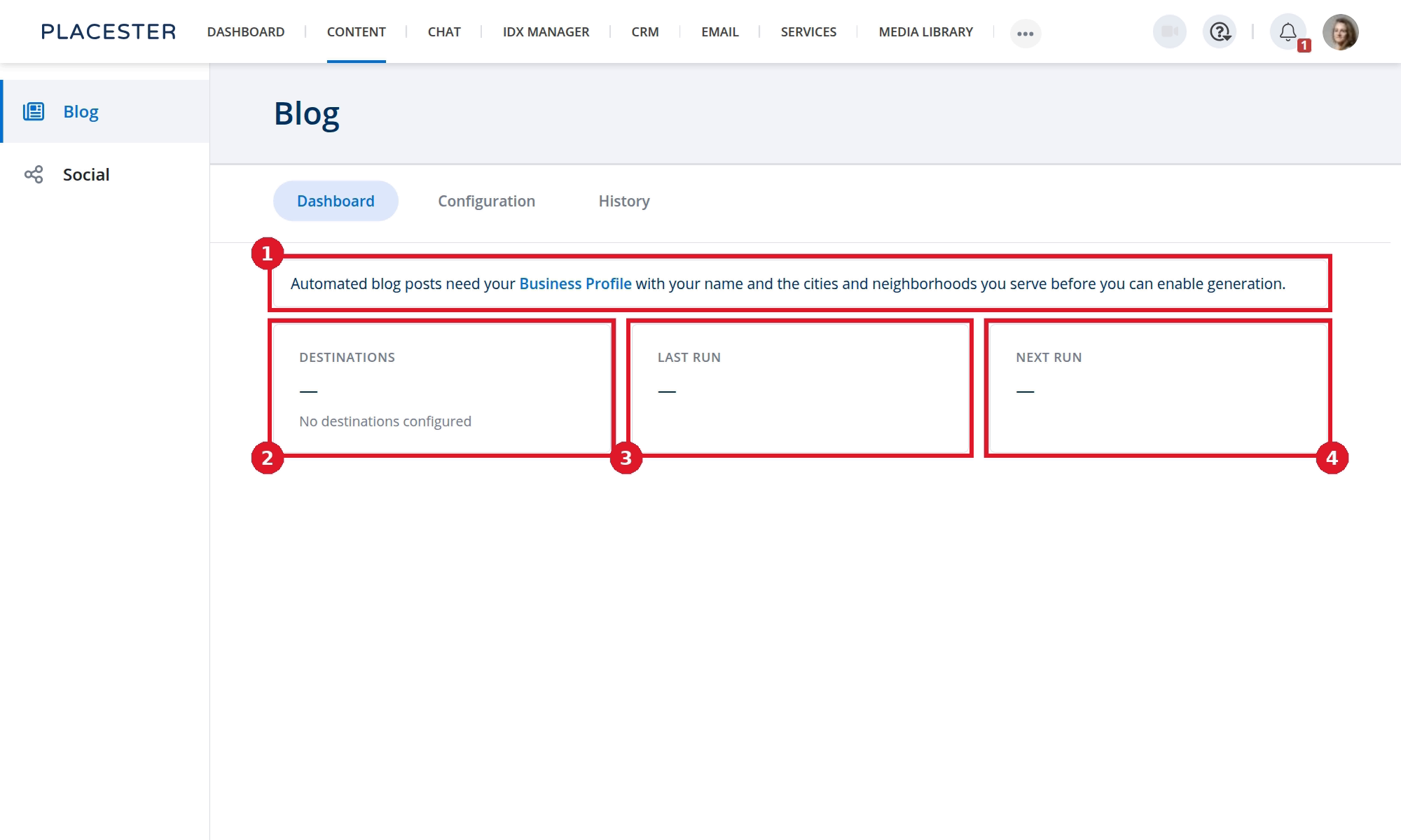 Content Automation dashboard with the Business Profile banner