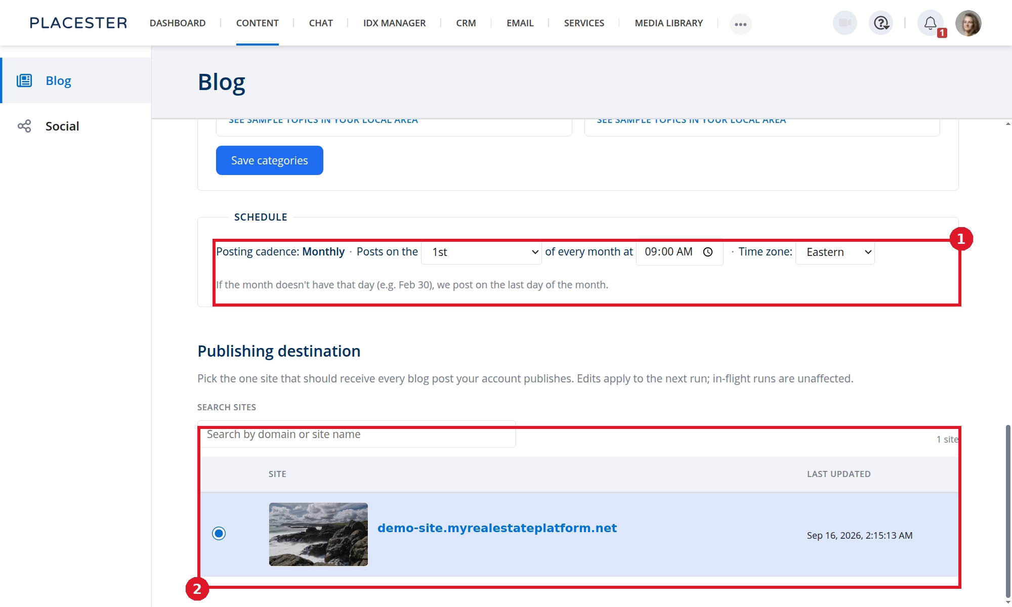 Schedule and publishing destination in Configuration