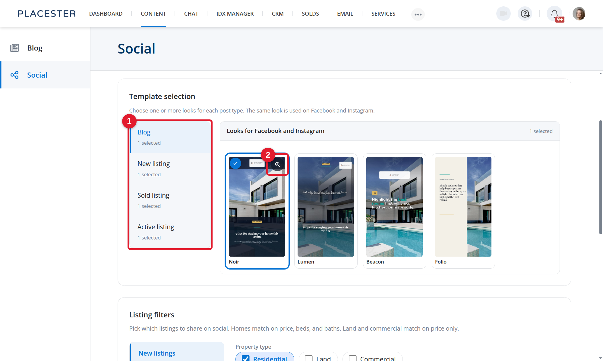Template preview controls in Social settings