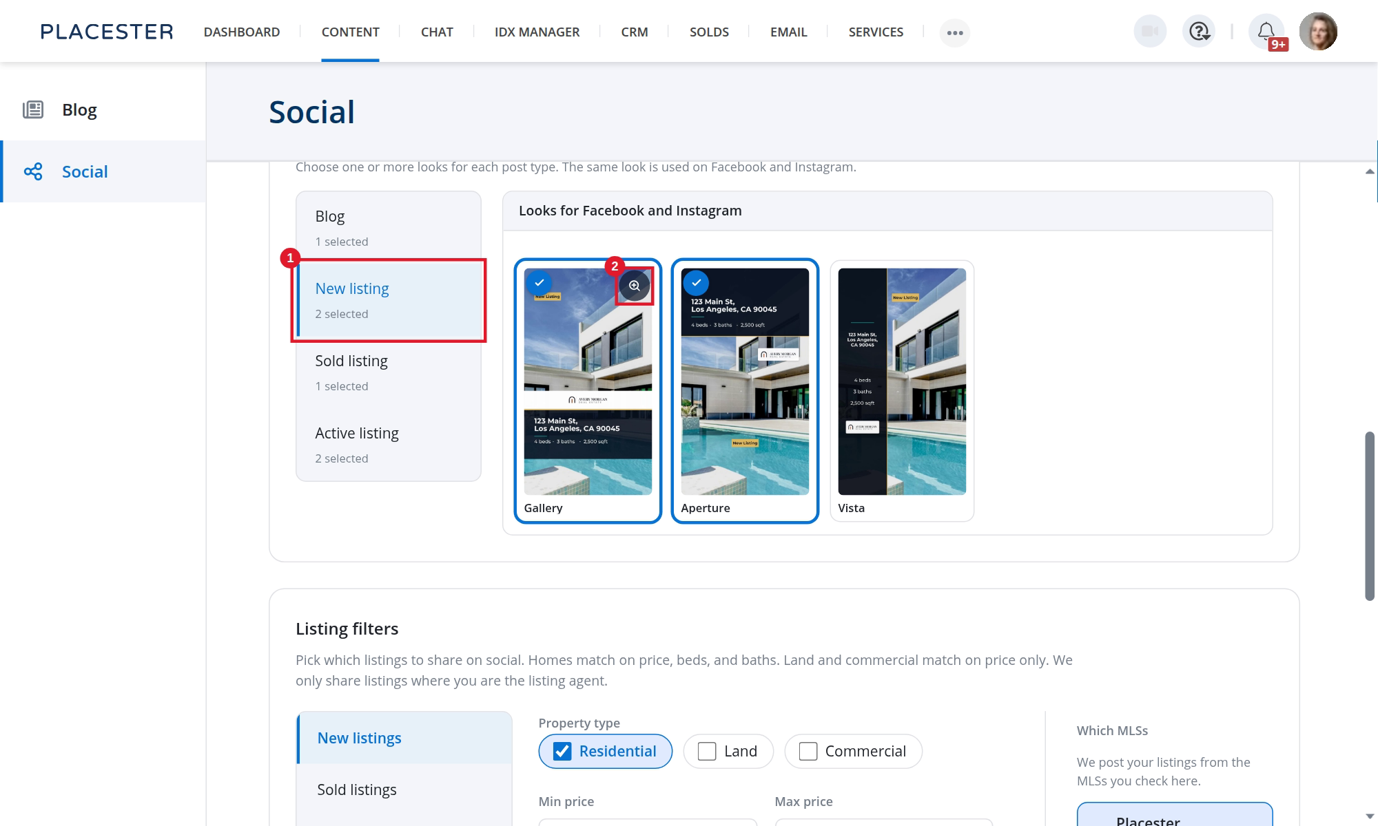 Template preview controls in Social settings