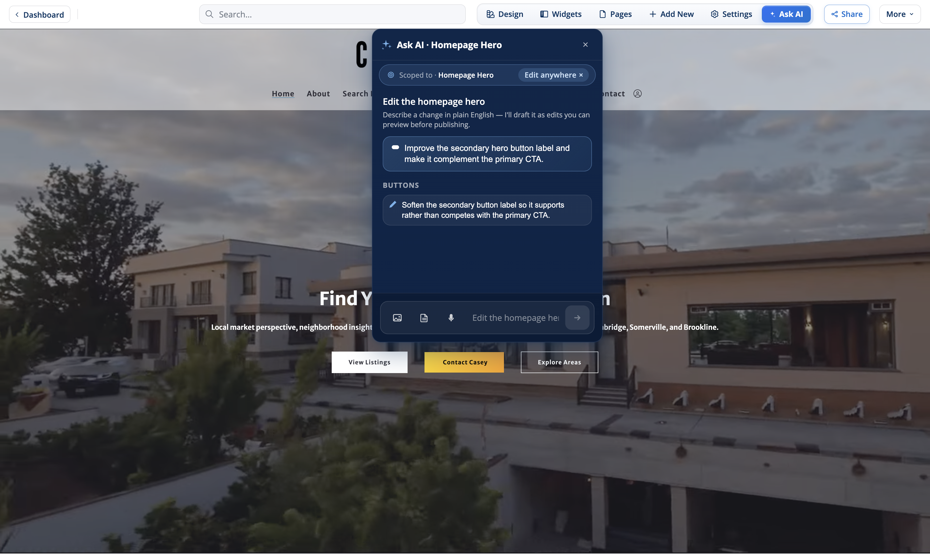 The Ask AI panel scoped to the Homepage Hero with suggested prompts