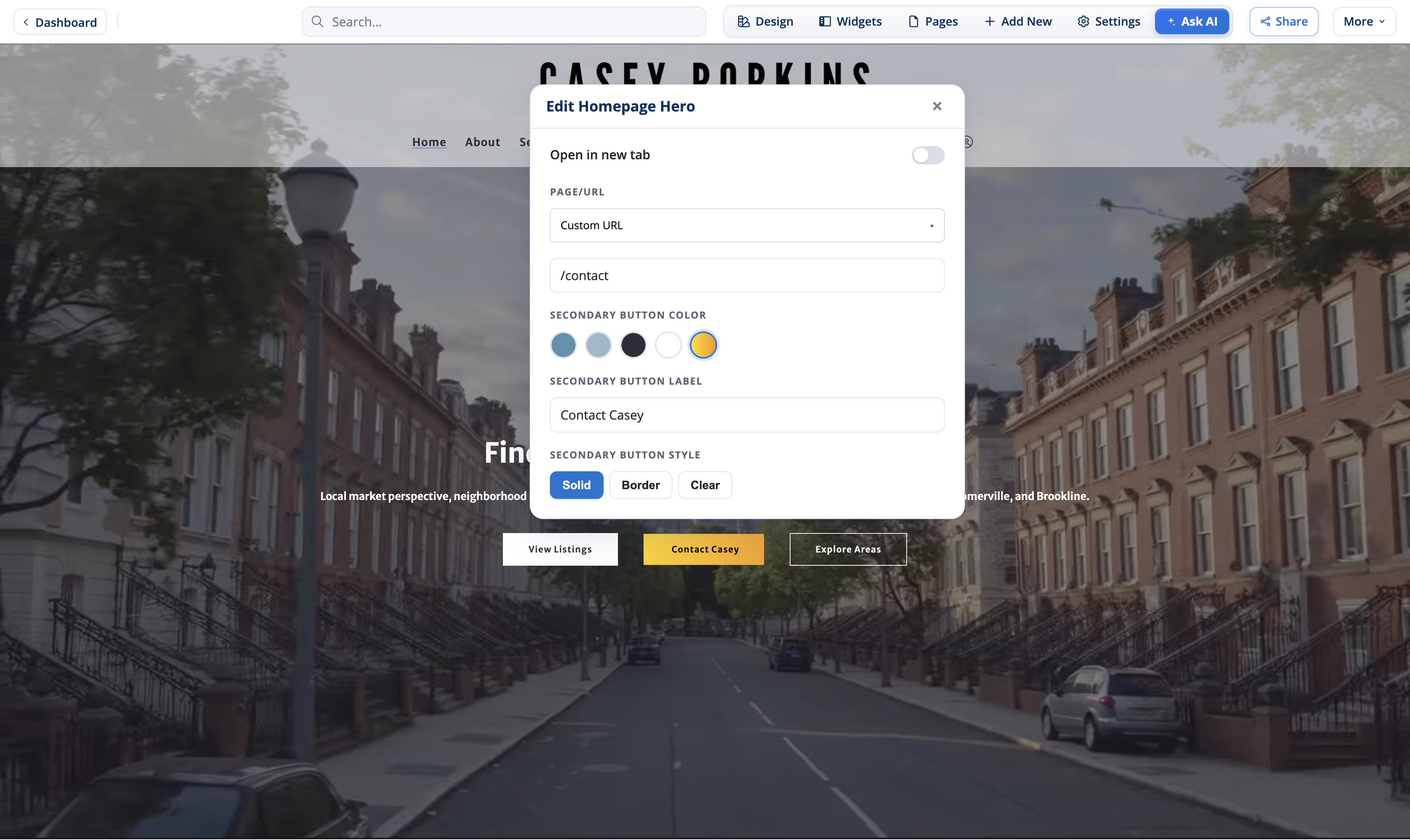 The Edit Homepage Hero palette with button link, color, label, and style controls