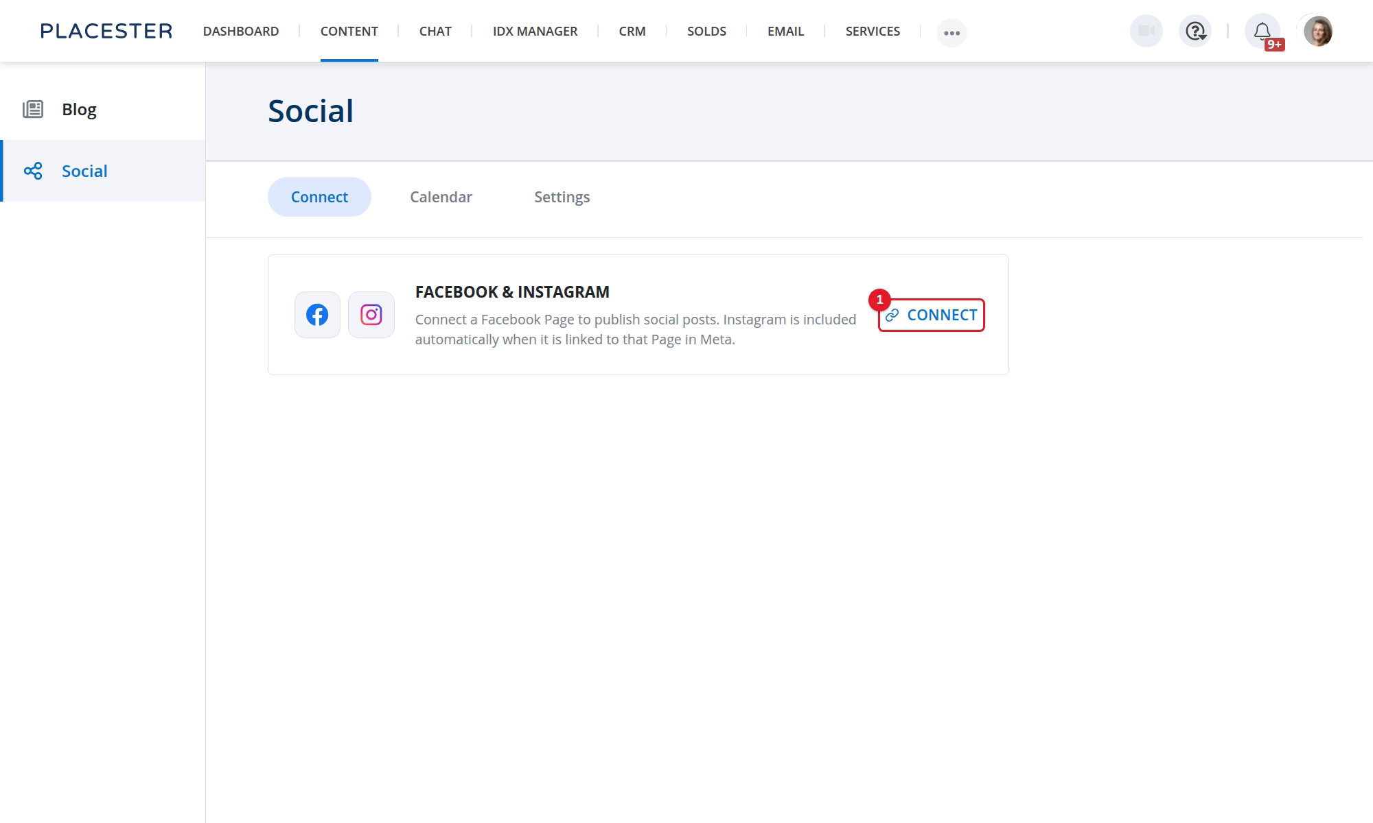 The Facebook and Instagram connection card