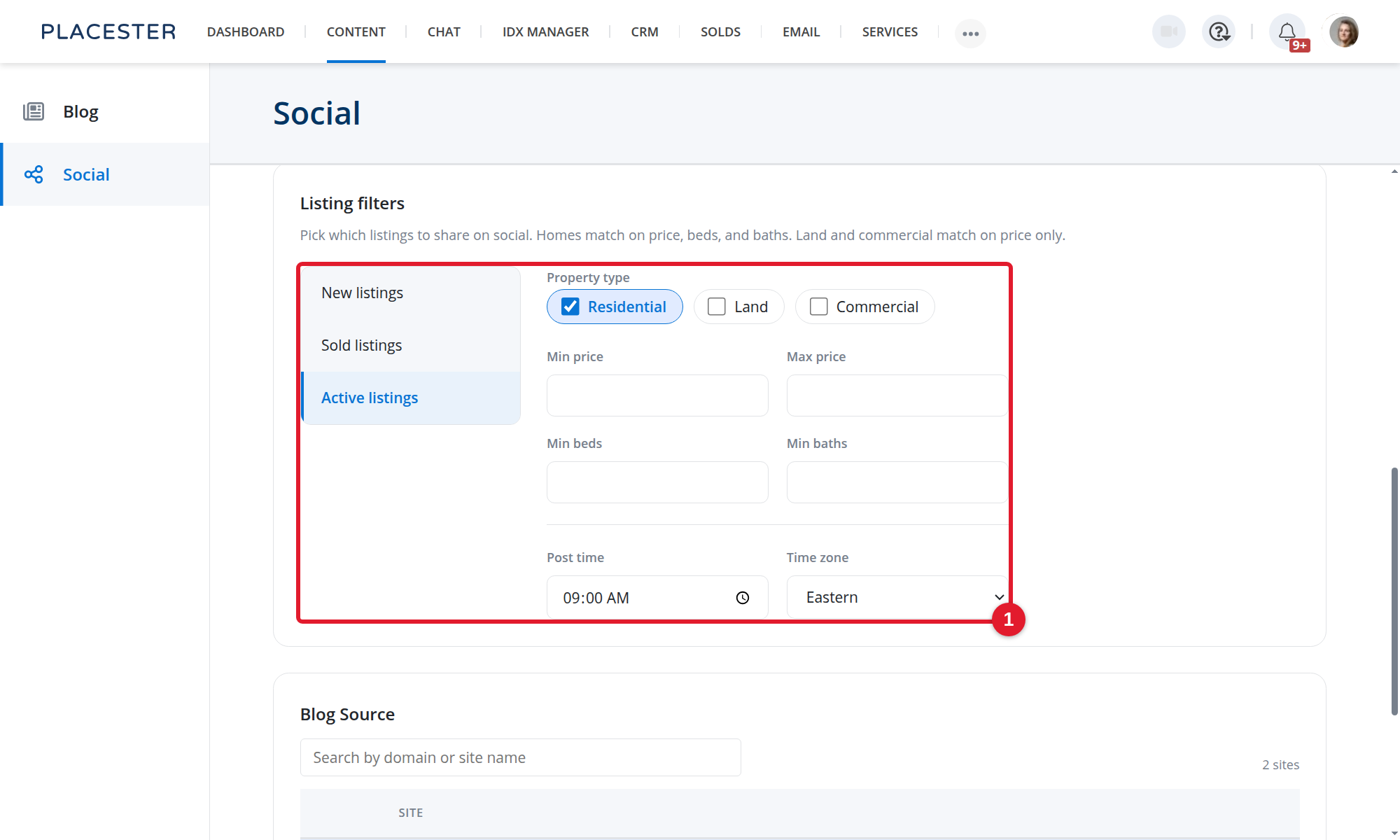 Listing filters in Social settings