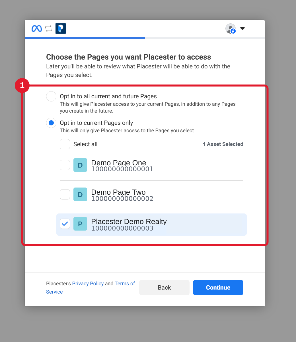 Choosing a Facebook Page in Meta