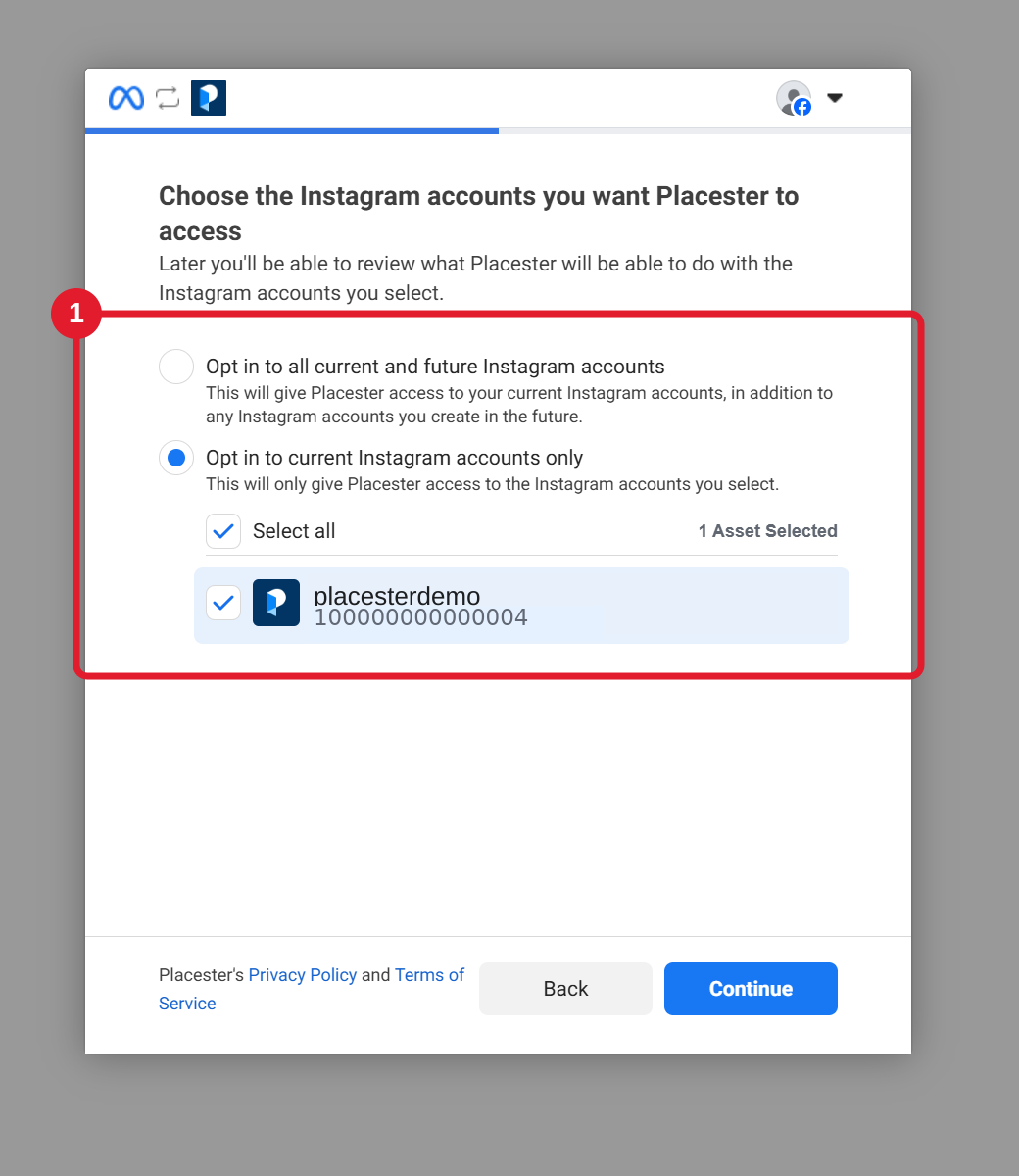Choosing a linked Instagram account in Meta
