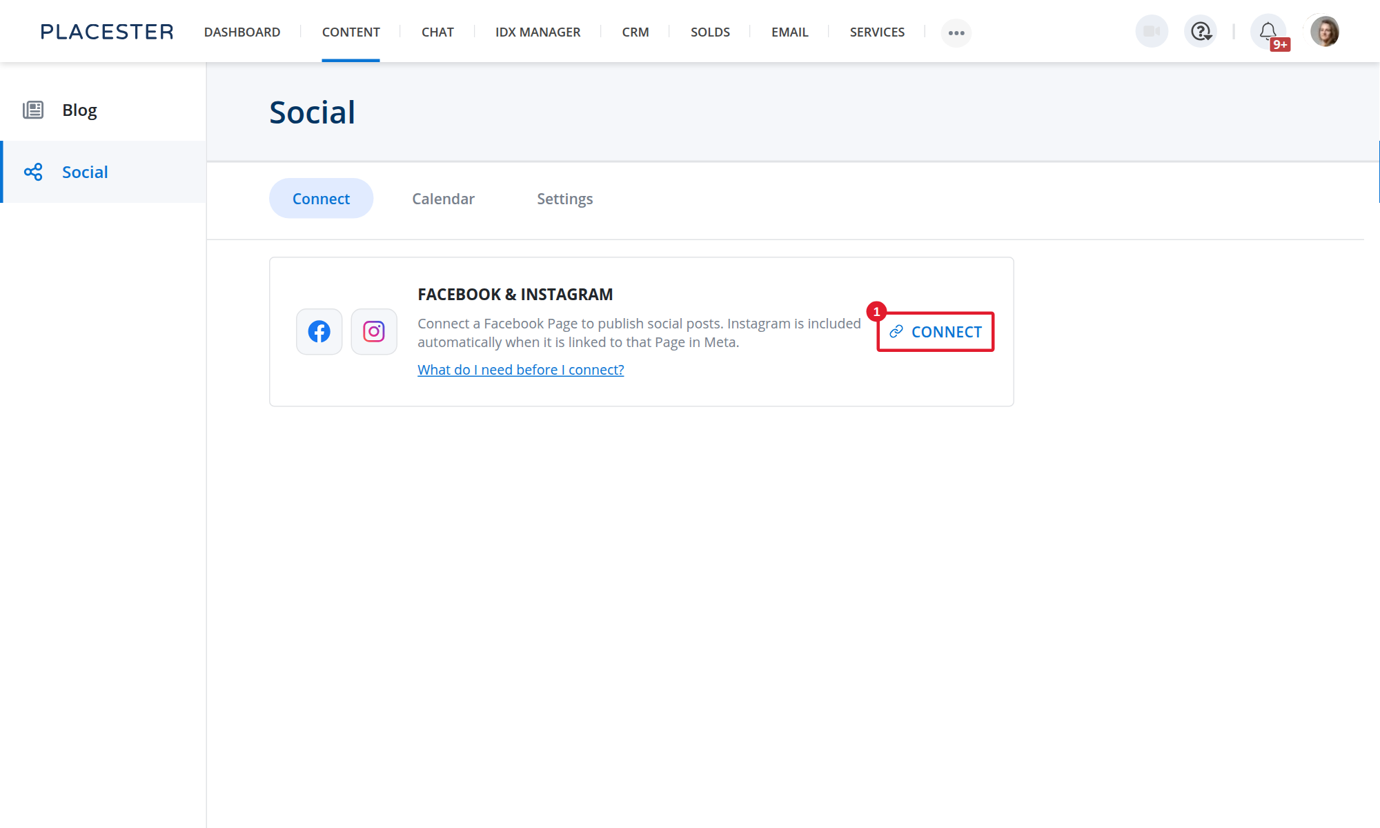 The Facebook and Instagram connection card