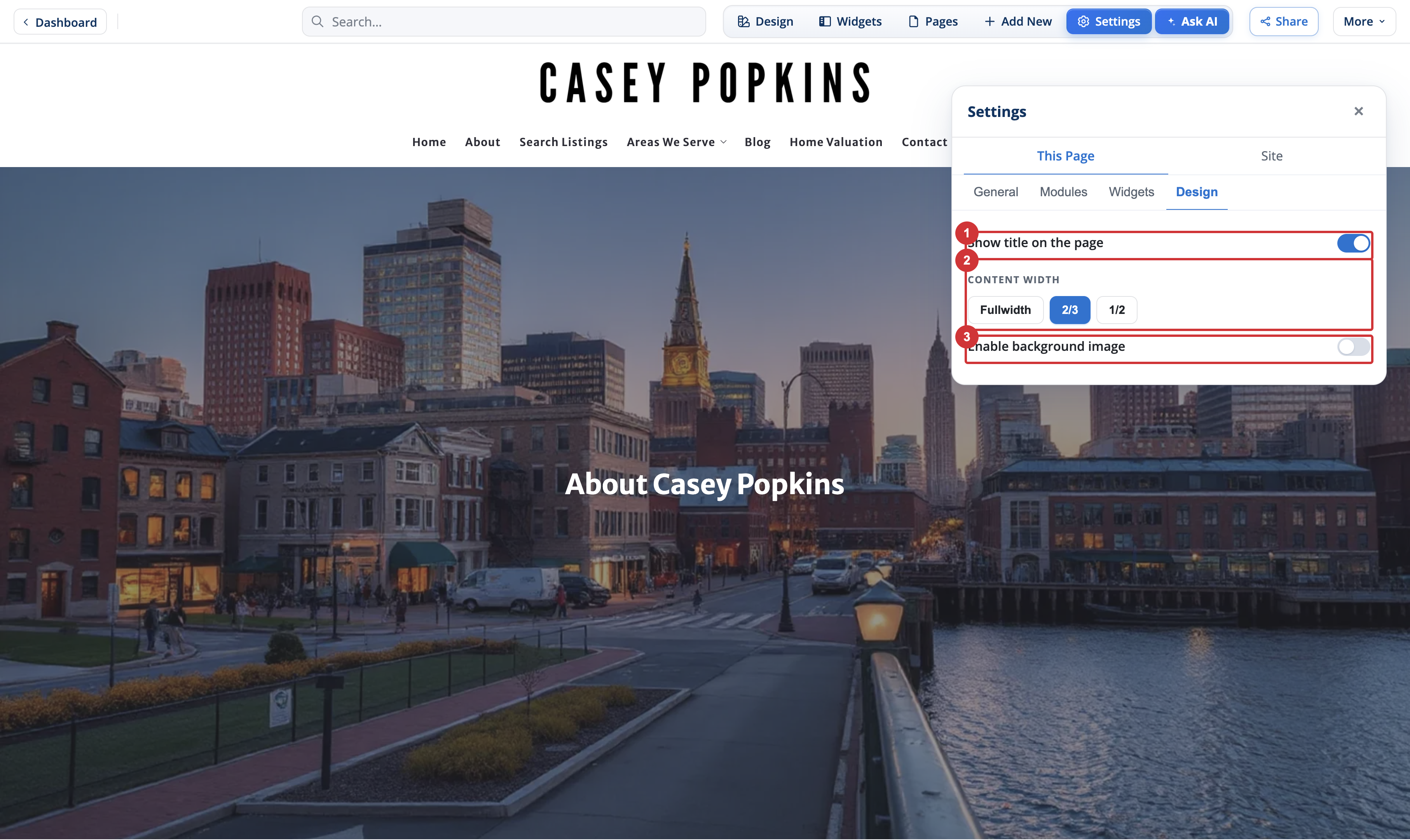 The Design tab for a page
