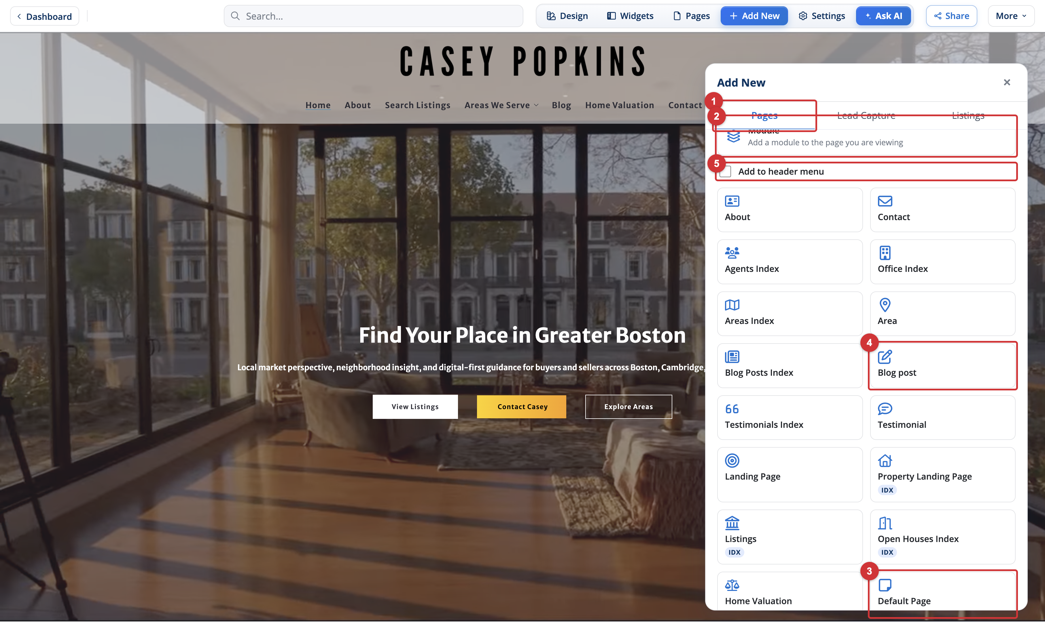 The Add New panel with page types