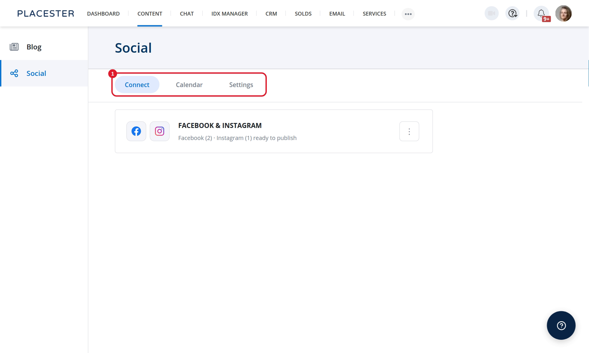 Connect, Calendar, and Settings on the Social page